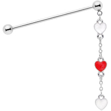 Load image into Gallery viewer, 14G Red White Hearts Dangle Industrial Barbell 38mm
