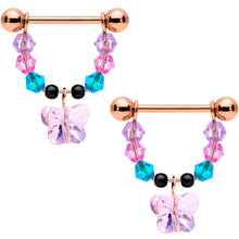 Load image into Gallery viewer, 14G Pink Gem Rose Gold Tone Butterfly Dangle Nipple Ring Set
