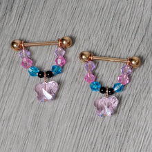 Load image into Gallery viewer, 14G Pink Gem Rose Gold Tone Butterfly Dangle Nipple Ring Set
