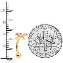 Load image into Gallery viewer, 16G 5/16 Pink Gem Gold Tone Ribbon Bow Curved Eyebrow Ring
