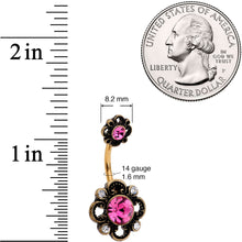 Load image into Gallery viewer, Pink Clear Gem Gold Tone Open Flower Double Mount Belly Ring
