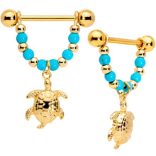 Load image into Gallery viewer, 14G 5/8 Faux Turquoise Gold Tone Sea Turtle Dangle Nipple Ring Set
