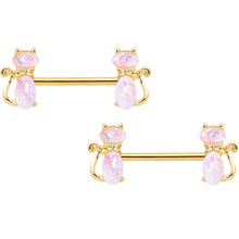 Load image into Gallery viewer, 14G 9/16 White Faux Opal Gold Tone Cat Barbell Nipple Ring Set
