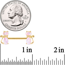 Load image into Gallery viewer, 14G 9/16 White Faux Opal Gold Tone Cat Barbell Nipple Ring Set
