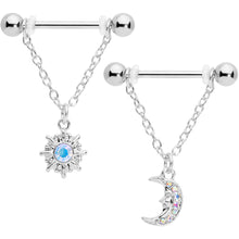 Load image into Gallery viewer, 14G 5/8 Aurora Gem Moon Sun Dangle Nipple Ring Set
