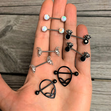 Load image into Gallery viewer, 14G 9/16 Black CZ Gem Lotus Flower Crown Barbell Nipple Ring Set
