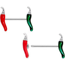 Load image into Gallery viewer, 14G 5/8 Clear Gem Red Green Pepper Barbell Nipple Ring Set
