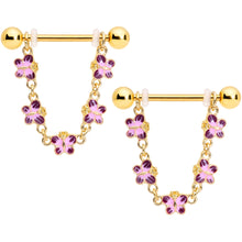 Load image into Gallery viewer, 14G 3/4 Pink Purple Gold Tone Butterflies Dangle Nipple Ring Set
