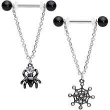 Load image into Gallery viewer, 14G 5/8" Clear CZ Gem Spider Web Black Dangle Nipple Ring Set
