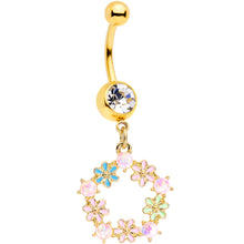 Load image into Gallery viewer, Clear Gem Gold Tone Pink Blue Green Flower Dangle Belly Ring

