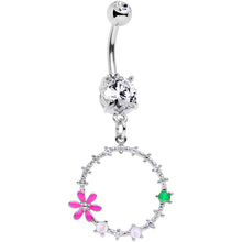 Load image into Gallery viewer, Clear CZ Gem Green Pink Faux Opal Loop Flower Dangle Belly Ring
