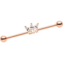 Load image into Gallery viewer, 14G Clear Gem Rose Gold Tone Crown of Love Industrial Barbell 38mm
