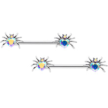 Load image into Gallery viewer, 14G 9/16 Aurora Gem Sexy Heart Spider Barbell Nipple Ring Set

