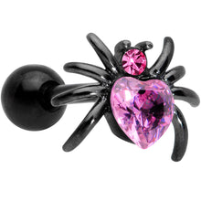 Load image into Gallery viewer, 16G 1/4 Pink Gem Black Heart Spider Cartilage Tragus

