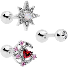 Load image into Gallery viewer, 16G 1/4 Pink Red Clear CZ Gem Moon Star Cartilage Tragus Set of 3
