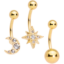 Load image into Gallery viewer, Clear Gem Gold Tone Celestial Moon Star Belly Ring Set of 3
