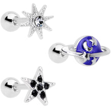 Load image into Gallery viewer, 16G 1/4 Clear Black Gem Planet Stars Cartilage Tragus Set of 3
