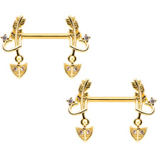 Load image into Gallery viewer, 14G 9/16 Clear CZ Gem Gold Tone Love Feather Barbell Nipple Ring Set

