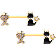 Load image into Gallery viewer, 14G 9/16 Clear Gem Gold Tone Fish Black Cat Barbell Nipple Ring Set
