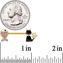 Load image into Gallery viewer, 14G 9/16 Clear Gem Gold Tone Fish Black Cat Barbell Nipple Ring Set
