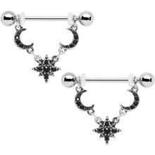 Load image into Gallery viewer, 14G 9/16 Black Gem Crescent Moons Star Dangle Nipple Ring Set
