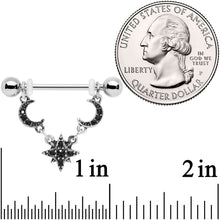 Load image into Gallery viewer, 14G 9/16 Black Gem Crescent Moons Star Dangle Nipple Ring Set
