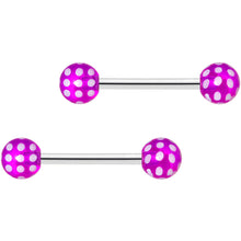 Load image into Gallery viewer, 14G 9/16 Purple White Polka Dot UV Ball Barbell Nipple Ring Set
