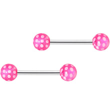 Load image into Gallery viewer, 14G 9/16 Pink White Polka Dot UV Ball Barbell Nipple Ring Set
