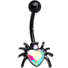 Load image into Gallery viewer, Aurora Gem Black Halloween Heart Spider Belly Ring
