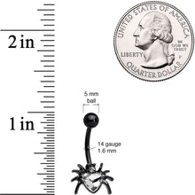Load image into Gallery viewer, Clear Gem Black Halloween Heart Spider Belly Ring
