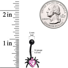 Load image into Gallery viewer, Pink Gem Black Halloween Heart Spider Belly Ring
