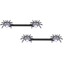 Load image into Gallery viewer, 14G 5/8 Clear Gem Black Sexy Heart Spider Barbell Nipple Ring Set
