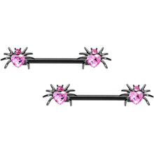Load image into Gallery viewer, 14G 5/8 Pink Gem Black Sexy Heart Spider Barbell Nipple Ring Set

