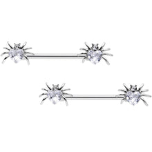 Load image into Gallery viewer, 14G 5/8 Clear Gem Sexy Heart Spider Barbell Nipple Ring Set
