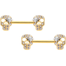 Load image into Gallery viewer, 14G 9/16 Clear Gem Gold Tone Star Skull Barbell Nipple Ring Set
