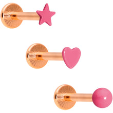 Load image into Gallery viewer, Pink Star Rose Gold Tone Glow Internal Threaded Labret Tragus Set of 3
