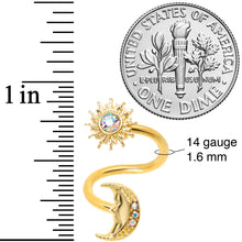 Load image into Gallery viewer, 14G 7/16 Aurora Gem Gold Tone Moon Spiral Twister Belly Ring

