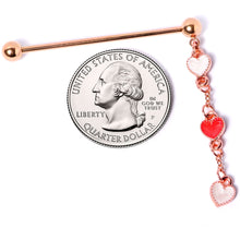 Load image into Gallery viewer, 14G Red White Rose Gold Tone Hearts Dangle Industrial Barbell 38mm
