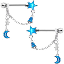 Load image into Gallery viewer, 14G 5/8 Blue Gem Rocket Star Moon Dangle Barbell Nipple Ring Set
