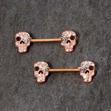 Load image into Gallery viewer, 14G Clear Gem Rose Gold Tone Star Skull Barbell Nipple Ring Set
