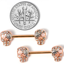 Load image into Gallery viewer, 14G Clear Gem Rose Gold Tone Star Skull Barbell Nipple Ring Set

