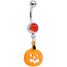 Load image into Gallery viewer, Black Red Gem Pumpkin Cat Halloween Dangle Belly Ring Set of 2
