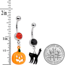 Load image into Gallery viewer, Black Red Gem Pumpkin Cat Halloween Dangle Belly Ring Set of 2
