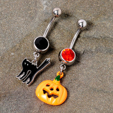 Load image into Gallery viewer, Black Red Gem Pumpkin Cat Halloween Dangle Belly Ring Set of 2
