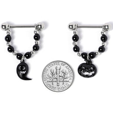 Load image into Gallery viewer, 14G 5/8 Black Pumpkin Ghost Halloween Dangle Nipple Ring Set
