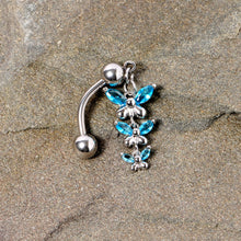 Load image into Gallery viewer, Aqua Gem Band of Butterflies Top Mount Dangle Belly Ring
