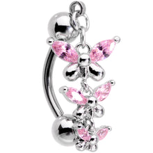 Load image into Gallery viewer, Pink Gem Band of Butterflies Top Mount Dangle Belly Ring
