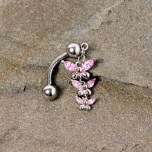 Load image into Gallery viewer, Pink Gem Band of Butterflies Top Mount Dangle Belly Ring
