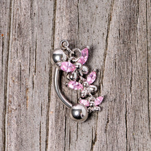 Load image into Gallery viewer, Pink Gem Band of Butterflies Top Mount Dangle Belly Ring
