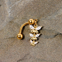 Load image into Gallery viewer, Clear Gem Gold Tone Band of Butterflies Top Mount Dangle Belly Ring
